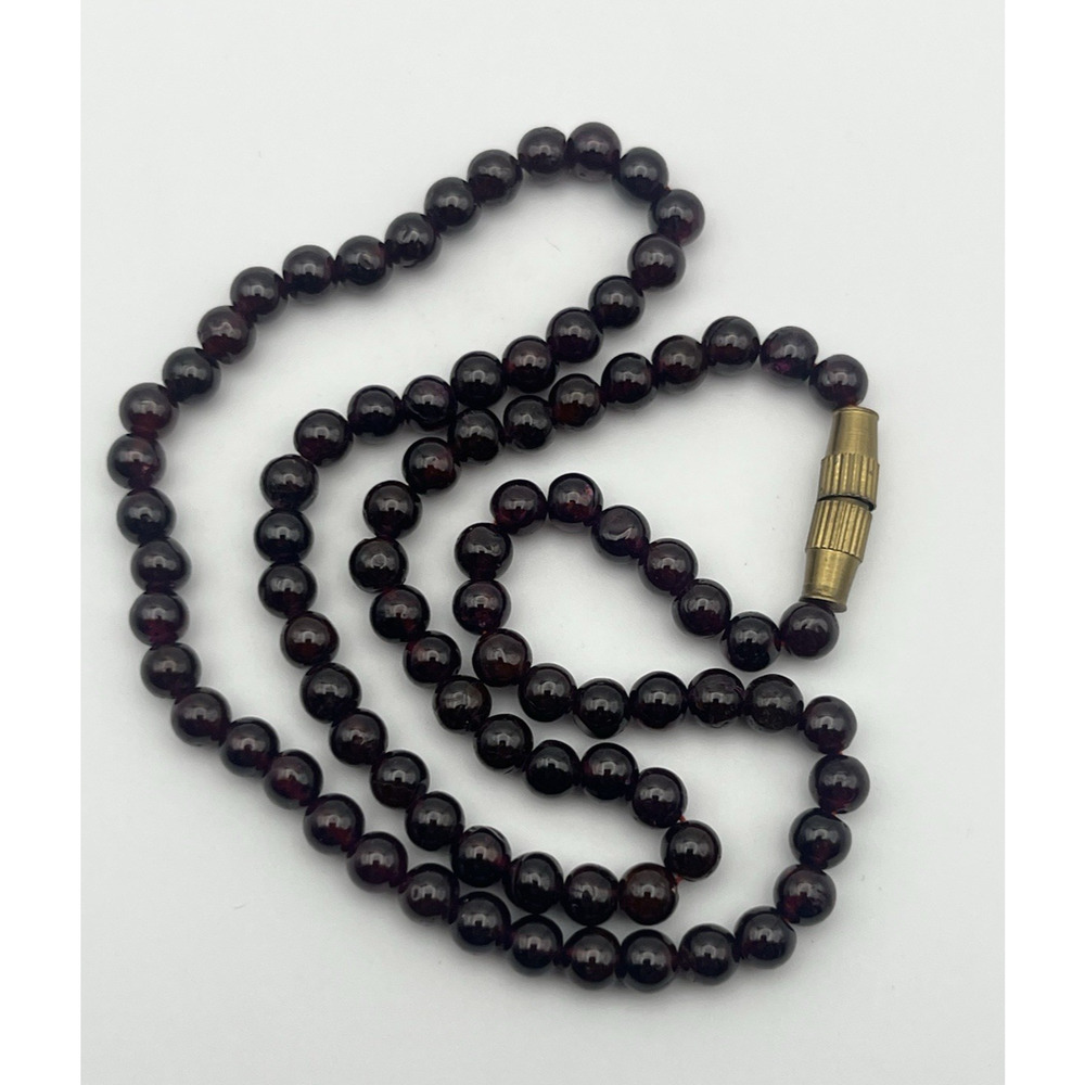 Vintage Dark Cherry Red Glass Bead Necklace Round Beads Barrel Clasp 17"